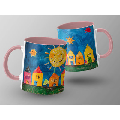 Kids Drawing Style 11oz Accent Mugs – Ceramic Coffee Cup with a Pink Handle and Interior
