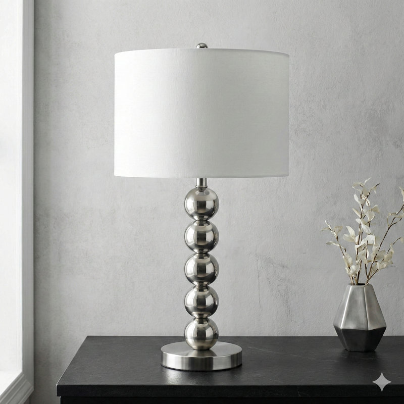 Grande lampe de table en métal de 28 pouces avec une finition en nickel satiné et un abat-jour en lin blanc