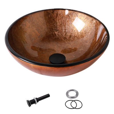 15 1/2" Circular Glass Bathroom Sink Above-Counter Tempered Glass Vessel Sink with Pop-Up Drain