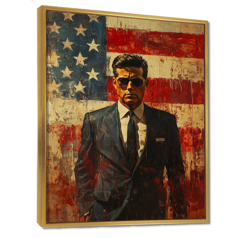  Jfk President On The Usa Flag II - États-Unis, art mural, H 32 po x l 24 po, Reproduction avec cadre flottant, Doré