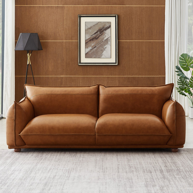 Solid + Manufactured Wood Leather Upholstered Sofa with Pocket Springs, Cognac Genuine Leather