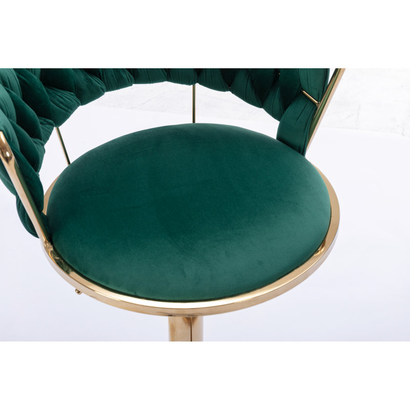 De 2 tabourets de bar à hauteur réglable, siège recouvert de tissu avec pieds dorés, repose-pieds et base pour revêtement en velours, pivotant