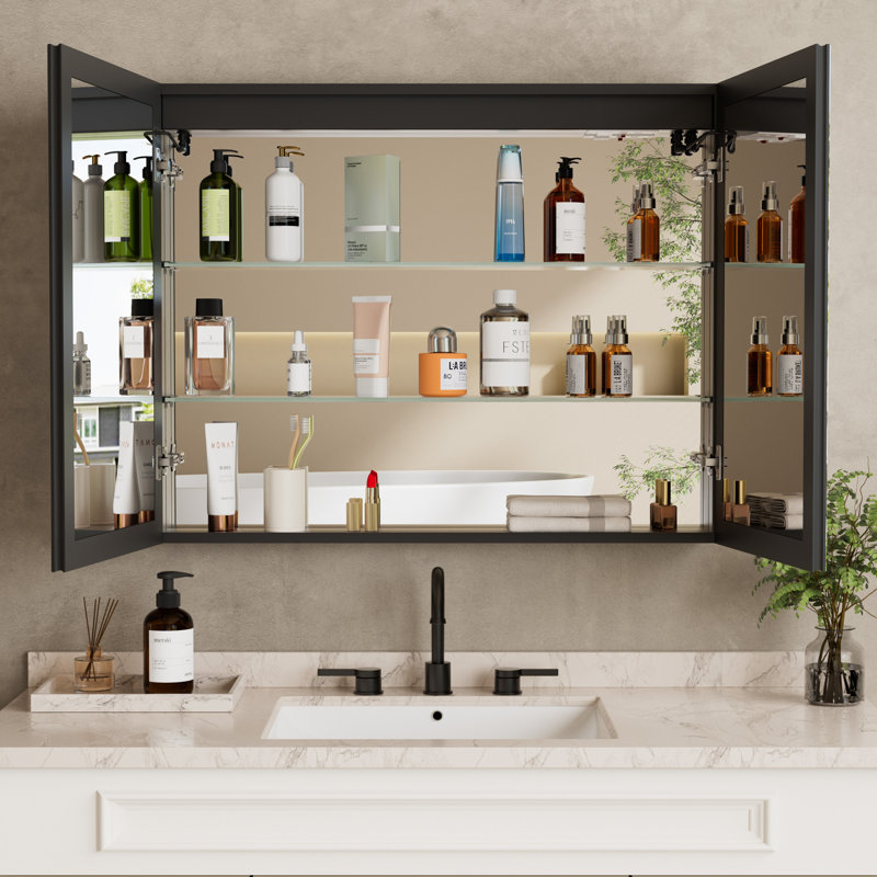 Armoire à pharmacie avec miroir à DEL l 36 po x H 32 po Tyrise, homologuée ETL, éclairage à intensité variable, désembueur antibuée, très grand rangement, tablettes réglables, encastré ou à fixation en surface