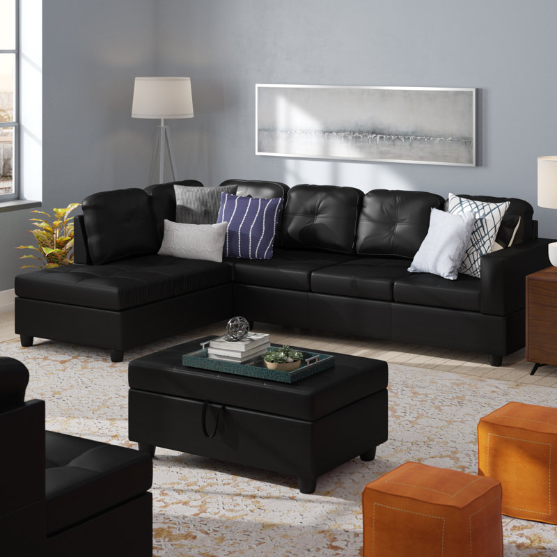 Betson 103.5" Wide Dark Brown Sofa & Chaise with Ottoman  Left Hand Facing L Shaped Sofa, Brown, Left Hand Facing