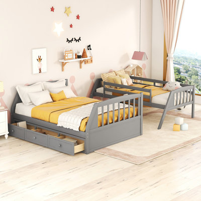 Lit superposé simple sur double avec tiroirs, échelle et escalier de rangement gris, parfait pour économiser de l'espace et dormir plus