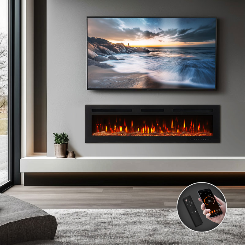 Romy Pro 60" Smart Recessed And Wall-Mount Electric Fireplace, 12 Colors Of Flame & Ember, 5 Brightness, 1500w Heater, Log & Crystal, Alexa/wifi Enabled, by Puraflame