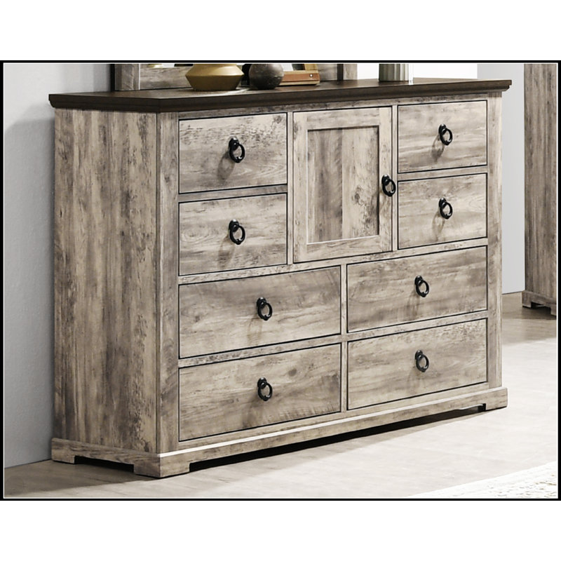 Commode contemporaine en bois gris rustique à finition bicolore avec poignées en métal et beaucoup de rangement