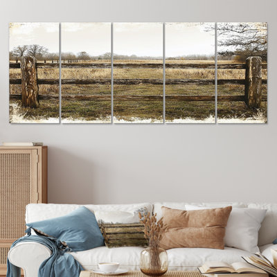 Grey And Brown Farm Landscape Rustic Fence II - Farmhouse Canvas Wall Art Set
