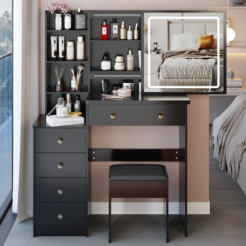 Meuble-lavabo 37 po avec tabouret rembourré, Noir