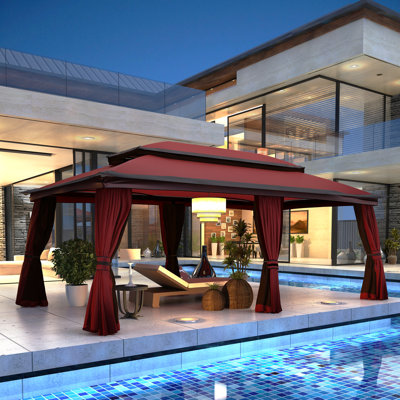 20 Ft. W x 10 Ft. D Steel Patio Gazebo with Double Roofs and Curtains