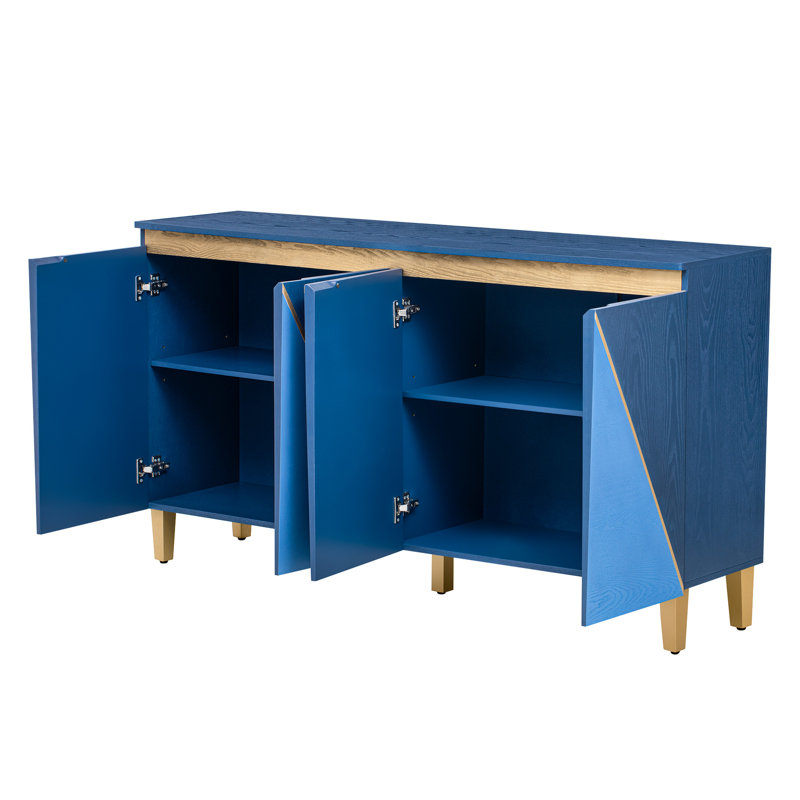 Buffet 60 po avec 4 portes, effet dimensionnel, tablettes réglables à trois niveaux, pieds en bois massif et rangement rétro bleu marine foncé, configuration à 4 portes, tablettes, patiné