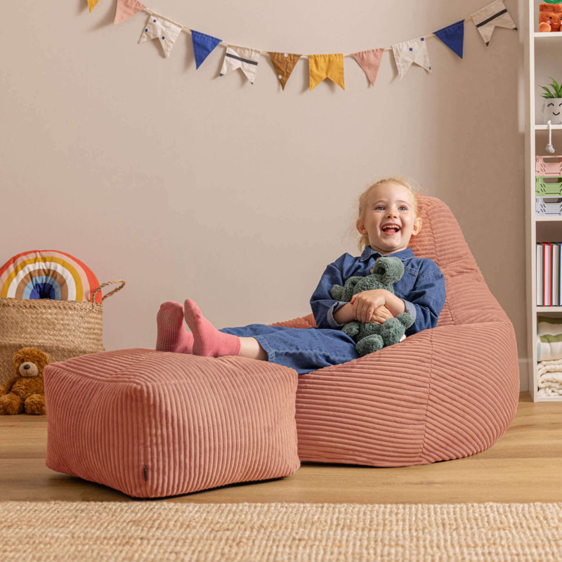 Bean Bag Bazaar Kids Dalton Corduroy Recliner Bean Bag and Square Footstool, Pink