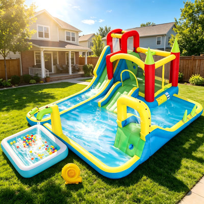 11-in-1 Inflatable Water Park for Kids, Bounce Castle with Dry & Wet Slides, Large Pool, Water Gun, Trampoline, Climbing Wall, Basketball Hoop & Ring Toss Game – Indoor Outdoor Backyard Party