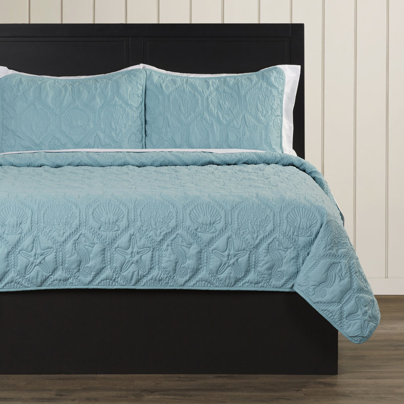 Shore 3-Piece Embossed Quilt Set, Aqua Blue, Queen Quilt + 2 Standard Shams