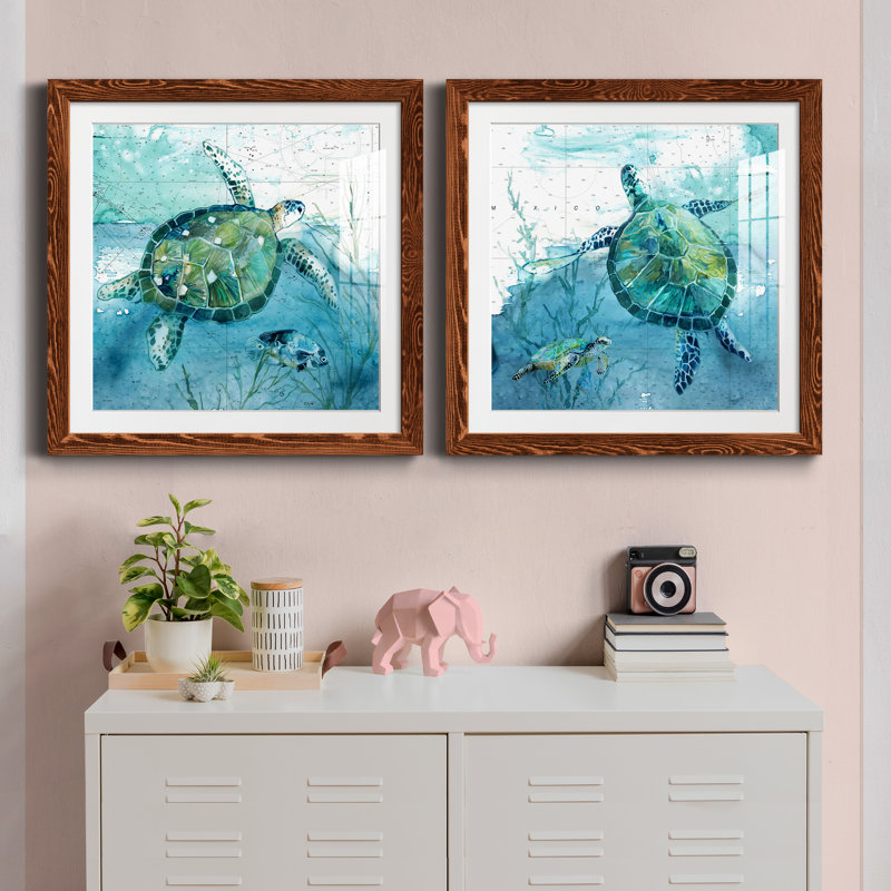 «Island Swim I», ensemble de 2 peintures, Papier dans un cadre photo, H 17 po x l 34 po, Noyer