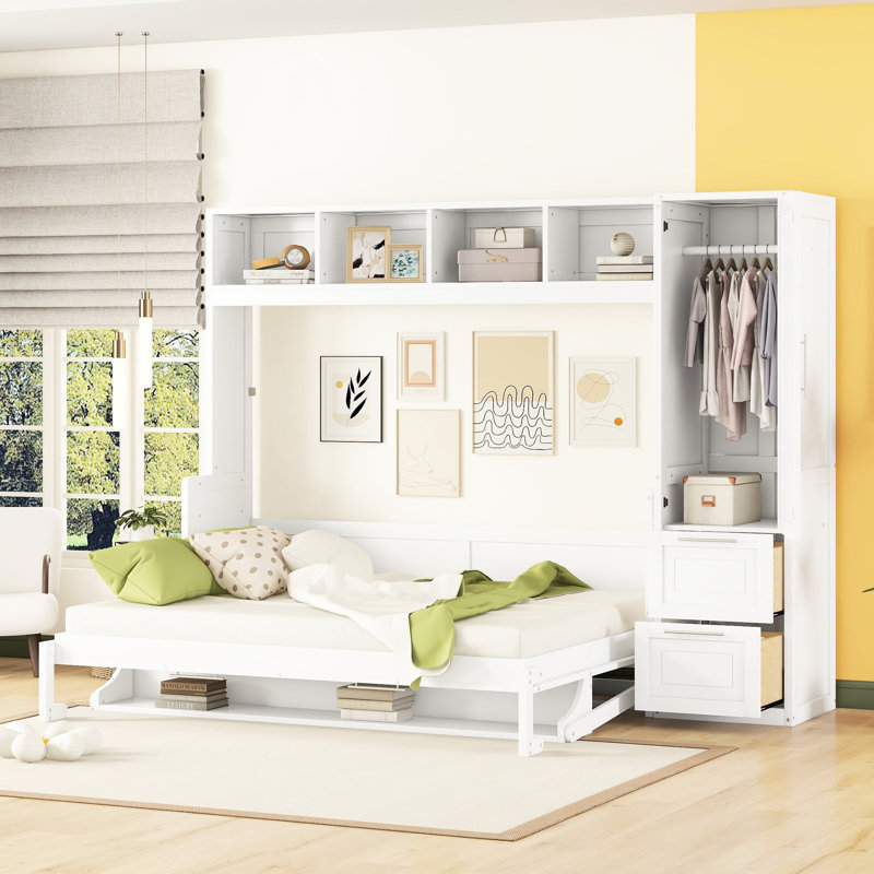 Lit avec garde-robe et tiroirs latéraux pour grand lit - Design blanc pratique et pratique