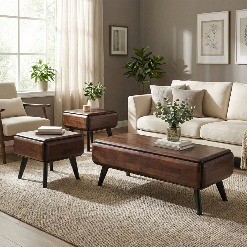 Rozella 3-Piece Solid Wood Coffee Table Set, 3 Pieces: Coffee Table, 2 End Tables