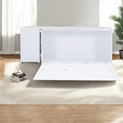 Grand lit en bois massif avec bureau de rangement, blanc