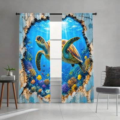 2PCS Realistic Turtle Ocean World Thin Light Filtering Curtain with Coral Fish Pattern, Underwater Scene Decor, Easy Hang Rod Pocket, All-Season Window Drapes for Home Living Room Bedroom Study Decoration