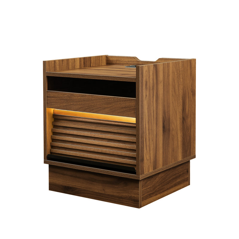 Table de chevet moderne de style Mid-Century brun avec station de charge, lumières à DEL avec sélection de couleur, 2 tiroirs pour l'organisation de la chambre à coucher, assemblage rapide dans la conception, divers et motif
