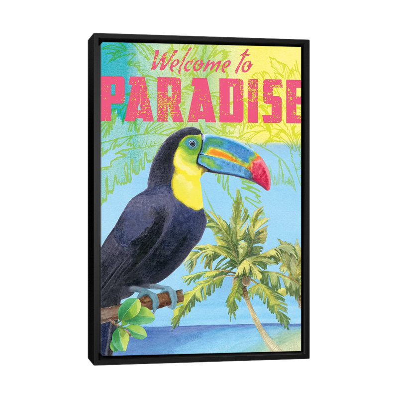 Island Time Parrot by Beth Grove - Textual Art, Black Framed Canvas, No Mat, 48" H x 32" W x 1.5" D