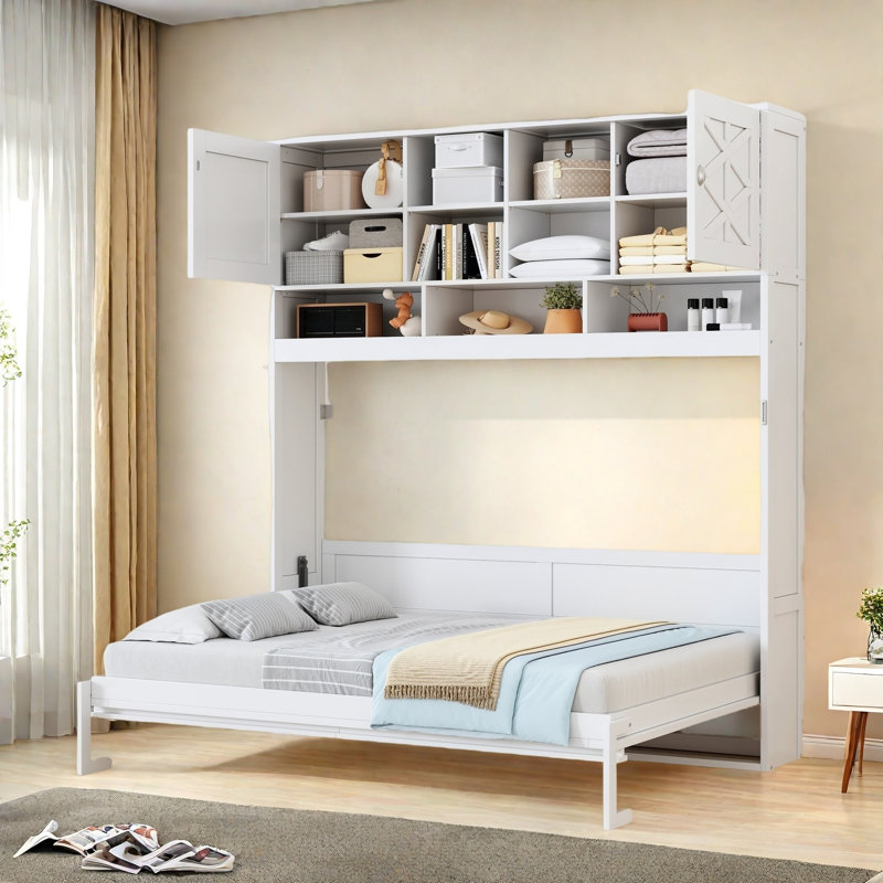 Lit escamotable avec tablettes ouvertes et armoire, grand lit escamotable, Geometric