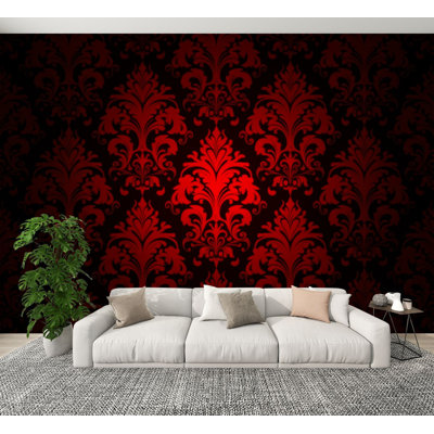 Vintage Damask Peel and Stick Wallpaper Red Black Baroque Damask Ornamental Flourishes Wall Murals 100"H x 144"W Removable PVC Wall Paper Self-Adhesive Wall Decor for Bedroom Living Room Home Office