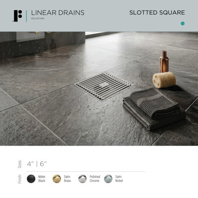 FINE FIXTURES Square Shower Floor Drain, 6 inch Slotted Grate Design, 10-Gauge 304 Stainless Steel, Center Outlet, Fast Drainage, Hair Strainer Included