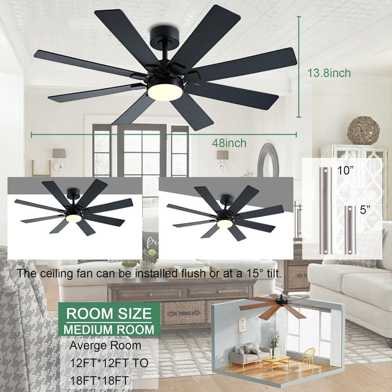 48 Inch Ceiling Fans With Lights And Remote/APP Control, Low Profile Ceiling Fan, 8 Blades,LED Dimmable, Reversible DC Motor, Noiseless Ceiling Fans For Bedroom Indoor/Outdoor Use