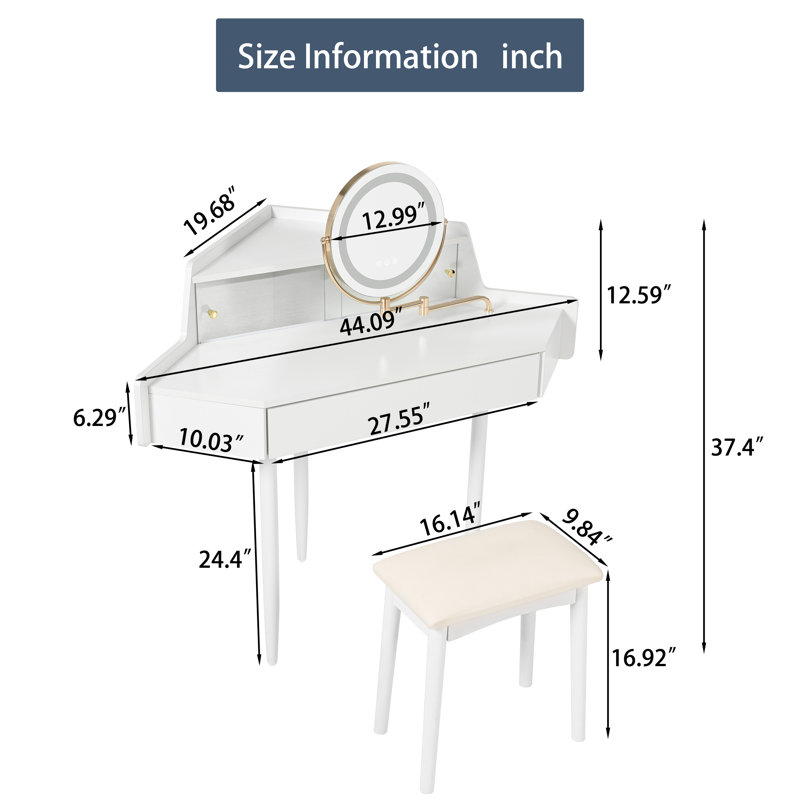 44" Corner Makeup Vanity, Space-Saving Dressing Table with Tri-Fold LED Mirror, Adjustable Lighting & PU Stool