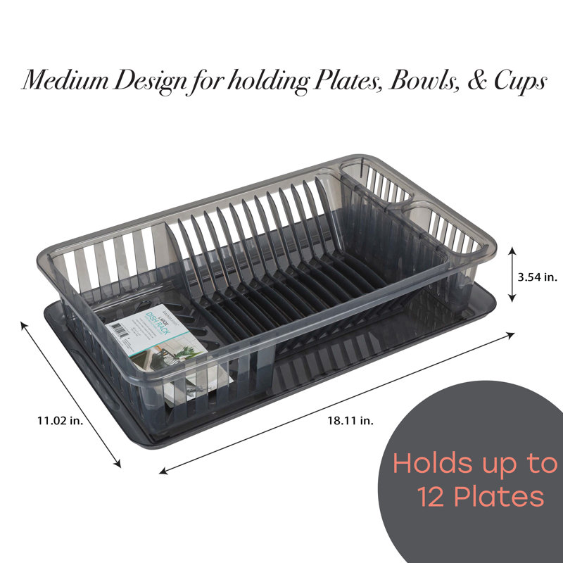 Smoke Gray Plastic Dish Rack with Utensil Cup and Tray