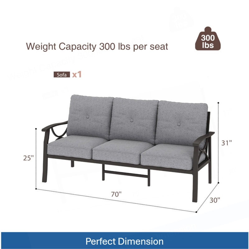 Canapé de patio 70 po 3 places toutes saisons en métal, Grey+ khaki, Gris et kaki