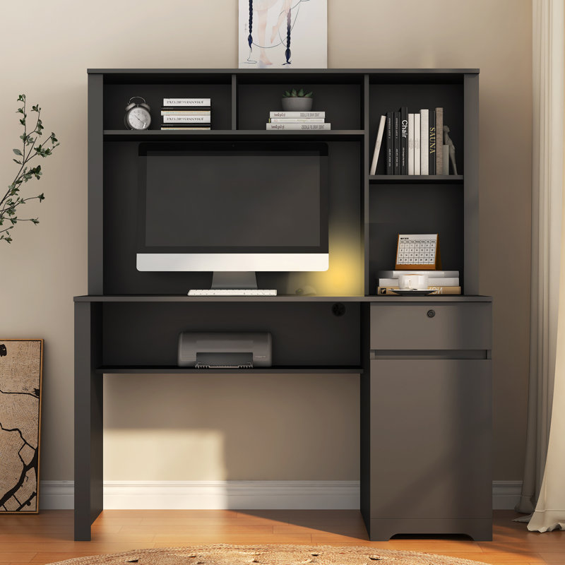 Bureau d'ordinateur avec huche et bibliothèque (sans les chaises de bureau), Noir, Noir