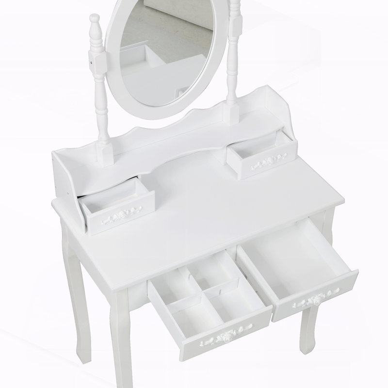 Ensemble de coiffeuse 4 tiroirs avec miroir et tabouret rembourré, Blanc