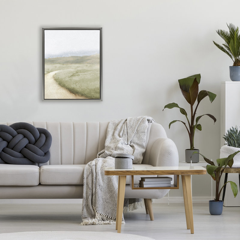 Cadre flottant Green Pasture Quiet Landscape, design par Michael Marcon, H 21 po x l 17 po, Cadre flottant gris lustré