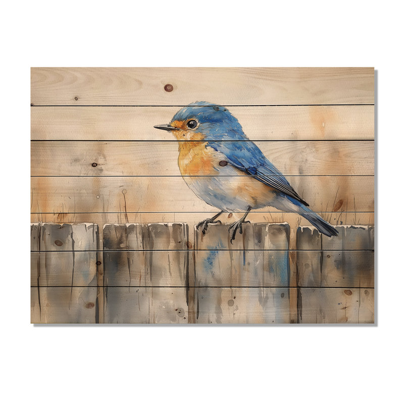 Bluebird On The Farm Fence I - Décoration murale en bois d'oiseau - sur bois de pin naturel, H 30 po x l 40 po