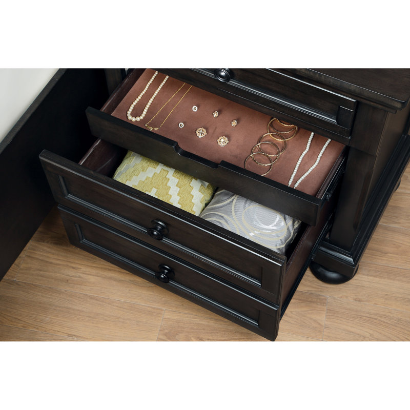 Table de chevet de chambre à coucher avec aspect brun grisâtre - 2 tiroirs, bois d'ingénierie, ornement en bois au fini transitionnel, accessoire d'ameublement