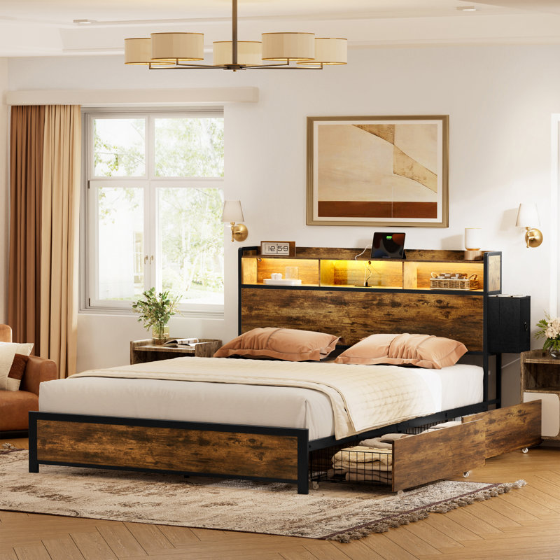 Antioch Queen Bed Frame with 2 Underbed Drawers, Modern Platform Bed with Charging Station & LED Light, Storage Headboard with  2 Bedside Drawers & Open Bookcase Shelves, Rustic Brown