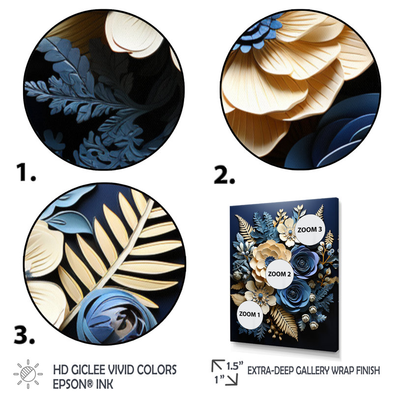 «Zavin Blue Ferns Indigo Tranquility Papercut II», reproduction sur toile, H 20 po x l 12 po x P 1 po, Cadre flottant noir