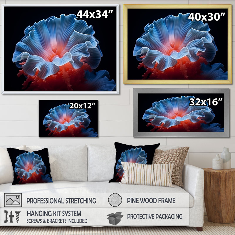 Anémone plumeuse géante bleue et rouge - décoration murale florale, Cadre doré simple, H 34 po x l 44 po x P 1,5 po