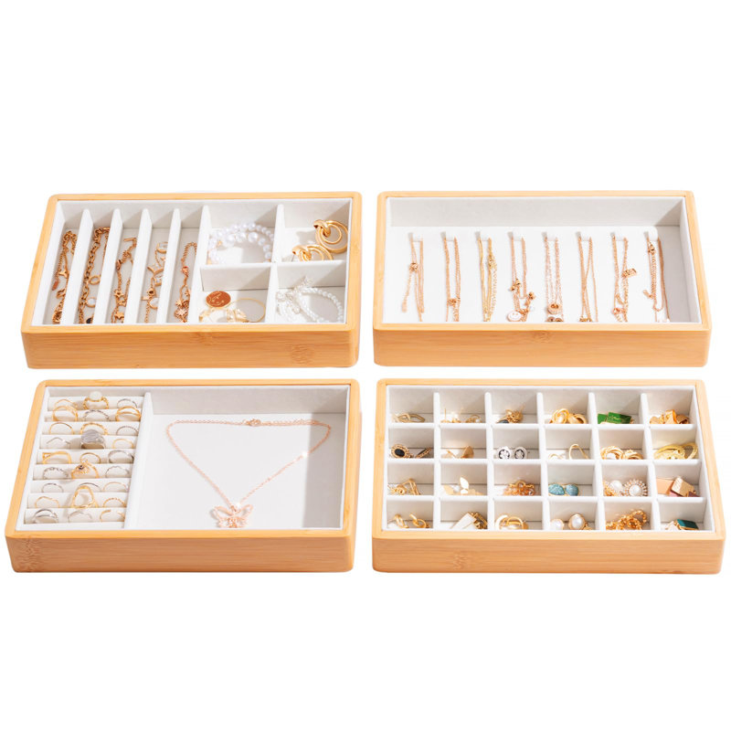 4-Set Bamboo Stackable Jewellery Organizer Tray, Jewellery Drawer Inserts Container Display Case Storage With Removable Dividers -Warmwhite