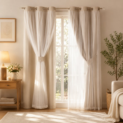 Rideaux occultants 80% beiges avec mélange de voile transparent