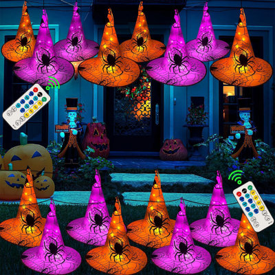 2 Pack Halloween Decorations, 8Pcs Each Lighted Hanging Witch Hats, Remote Control With 8 Modes Light Up 14 FT Halloween String Lights, For Indoor Outdoor Yard, Lawn, Graveyard Scenes Party