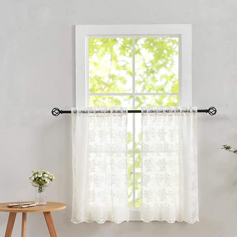 White Lace Curtains  2 Panels Set, Embroidered Rustic Floral Vintage Lace Curtains for Small Windows, Rod Pocket Privacy Sheer Window Curtain,