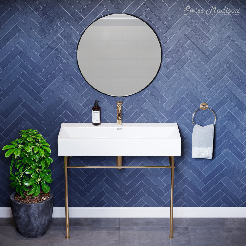 Claire 40 Ceramic Console Sink White Basin, White/Gold