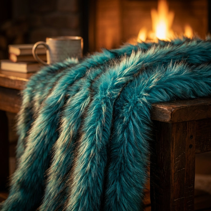 Jeté de luxe en fausse fourrure fabriqué à la main en peluche bleu azur Plutus, l 60 po x L 84 po, Jeté