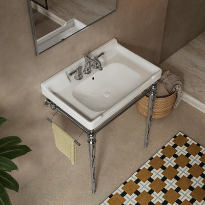 28" Bathroom Console Sink, Wall-Mounted Ceramic Vanity Basin With 3 Pre-Drilled Faucet Holes, Freestanding Stainless Steel Support Legs With Towel Bar, No Faucet