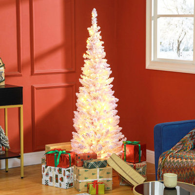 Sapin de Noël artificiel mince de 5 pi de hauteur avec 160 lumières DEL blanc chaud et 294 pointes, pour décoration de Noël, rose avec flocons de neige