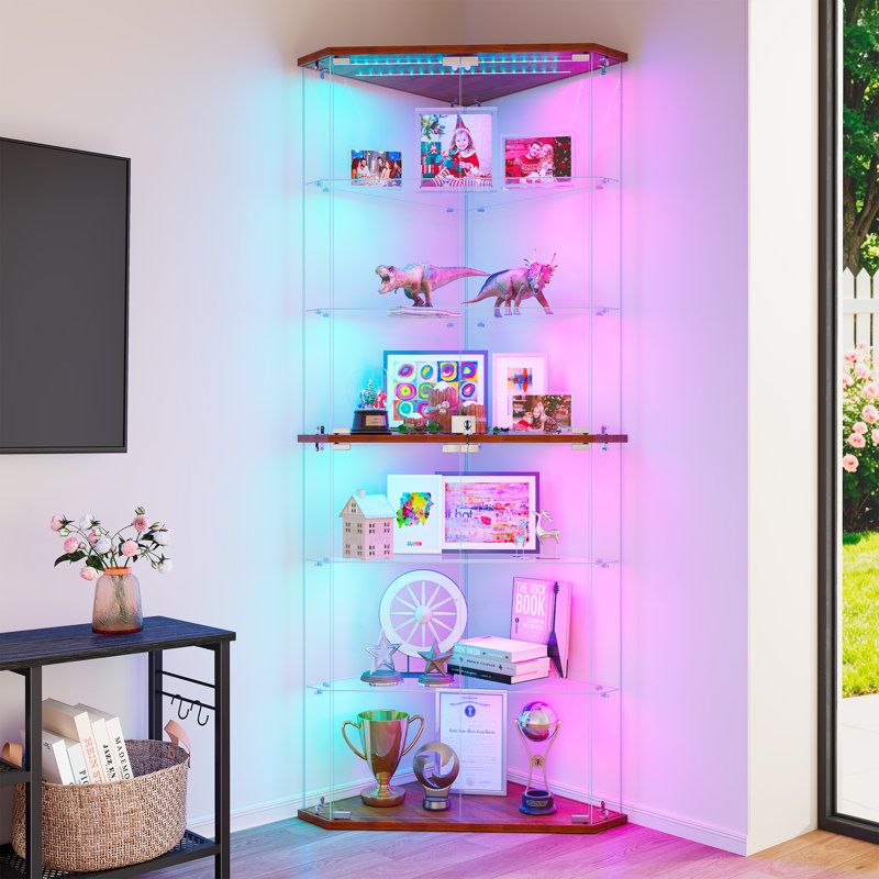 Solid Wood Corner Showcase Cabinet with RGB Lighting, Lockable Tall Curio Cabinet, Browm