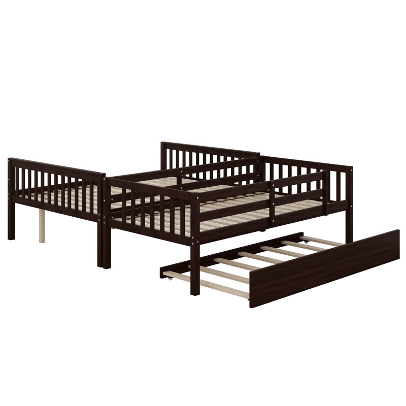 Twin Over Full Rubber Wood Bunk Bed With Trundle, Convertible Ladder And Guardrail, Detachable, Espresso, Twin Over Full